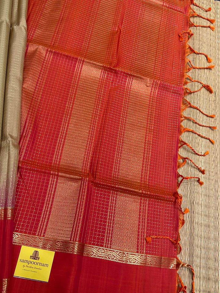 Offwhite with Pinkish Orange Zari Podi Kattam , Rettapet Border Rich Pallu