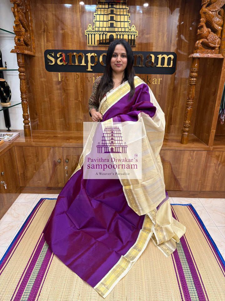 Purple with Halfwhite , traditonal borders and Grand Pallu Korvai Silk Cotton Saree