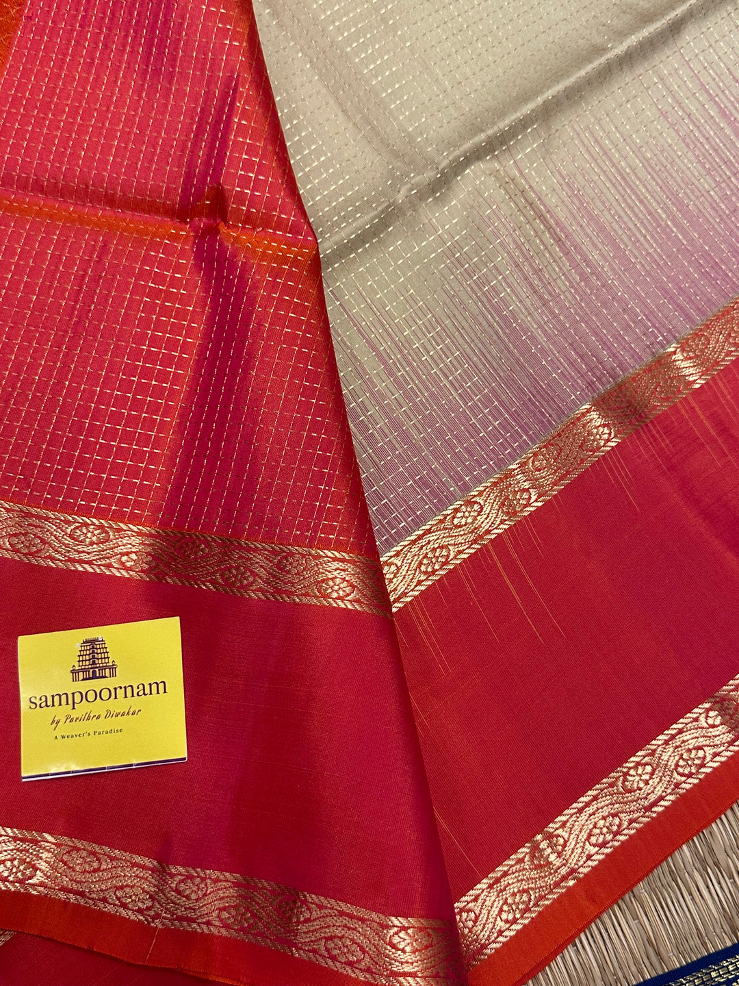 Offwhite with Pinkish Orange Zari Podi Kattam , Rettapet Border Rich Pallu