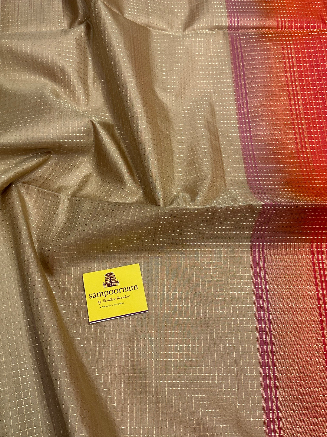 Offwhite with Pinkish Orange Zari Podi Kattam , Rettapet Border Rich Pallu