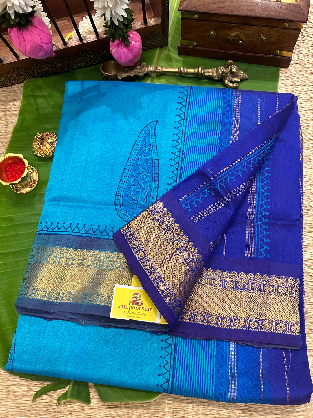 Blue with Blue Handblock Printed Silk Cotton Saree