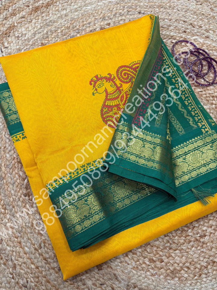 Manjal with Green, Annam Handblock Print in the Body and , Block print in the blouse and rich Pallu, Korvai Silk Cotton Saree