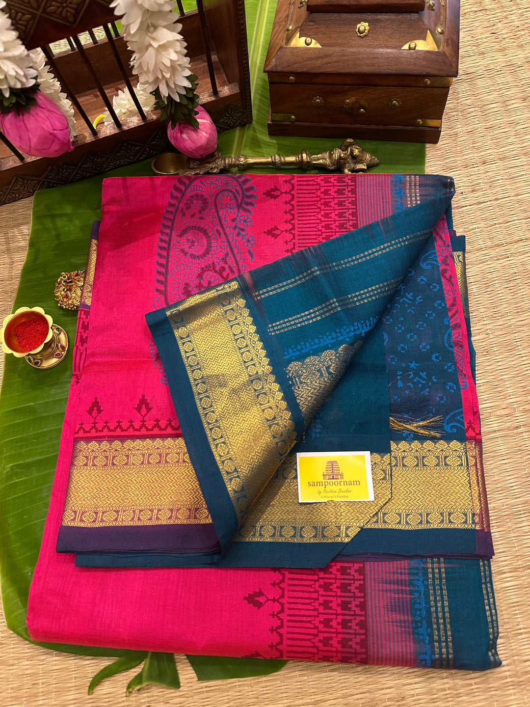 Dark Pink with Mayilkazhuthu Handblock Printed Silk Cotton Saree