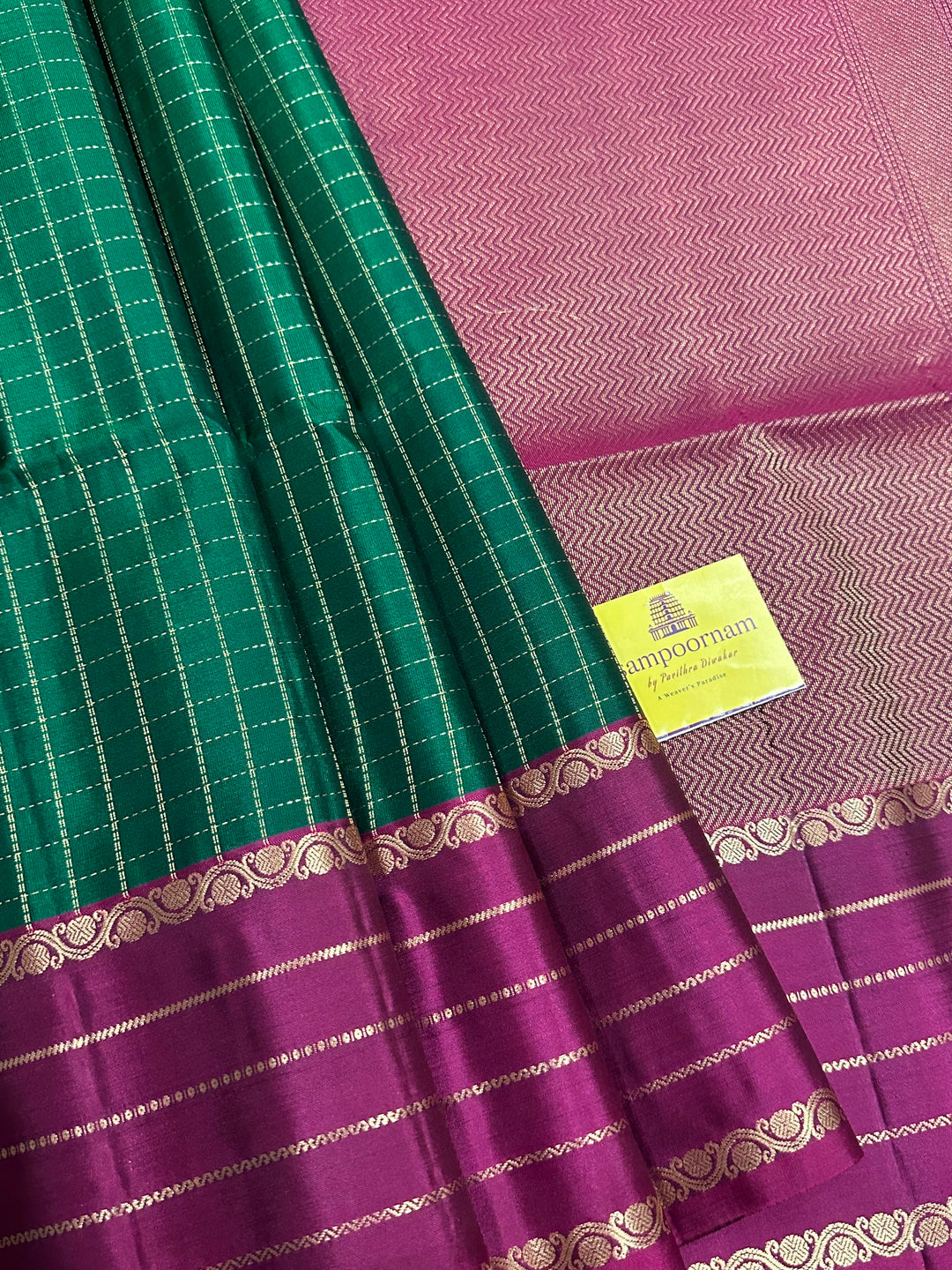 Dark Green with Magenta Body Checks , Rich Pallu Pure Soft Silk Saree