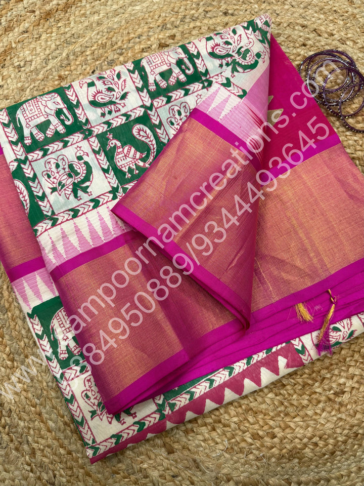 White with Pink, Annam and Elephant Handblock Print in the Border and rich Pallu, Korvai Silk Cotton Saree