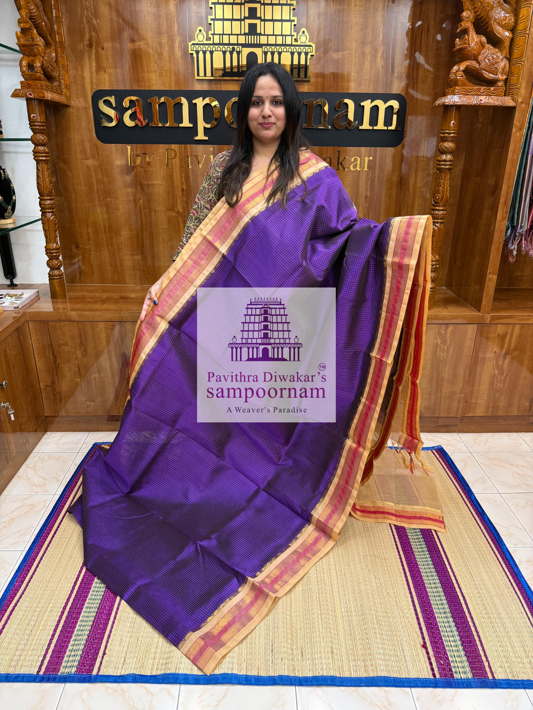 Purple with Sandal , small checks in the body with rettapet borders , rich Pallu Silk Cotton Saree