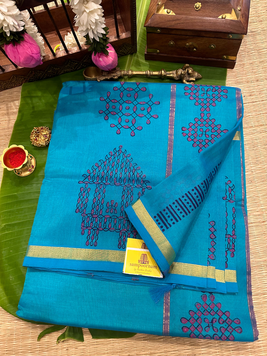 Blue  Handblock Printed Silk Cotton Saree