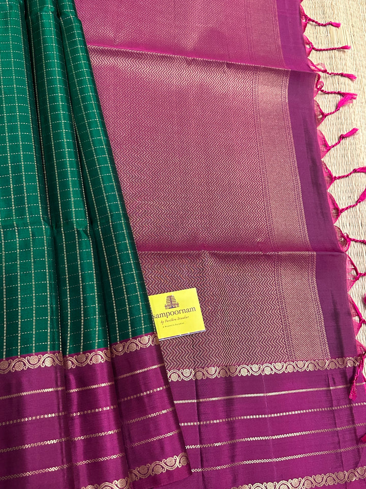 Dark Green with Magenta Body Checks , Rich Pallu Pure Soft Silk Saree