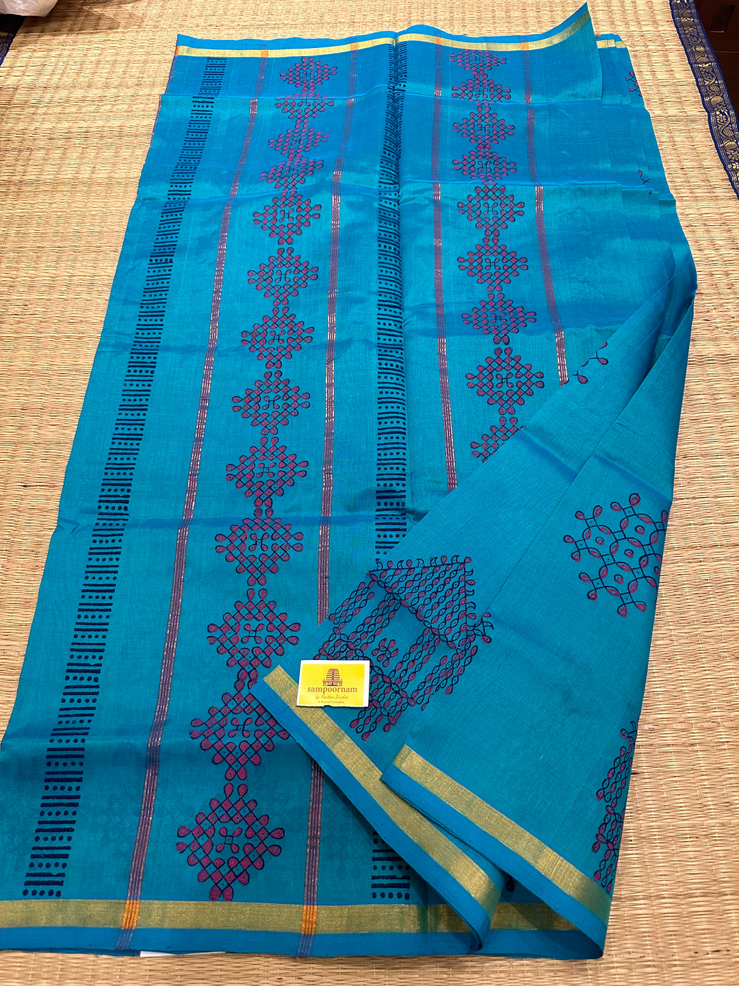 Blue  Handblock Printed Silk Cotton Saree