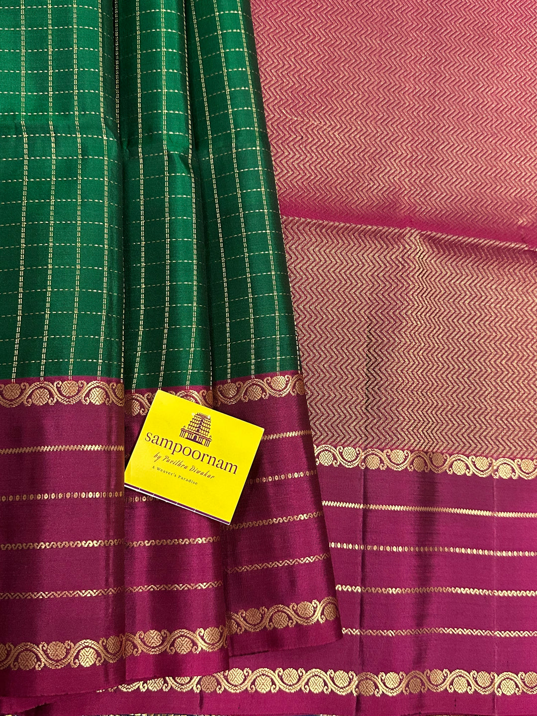 Dark Green with Magenta Body Checks , Rich Pallu Pure Soft Silk Saree