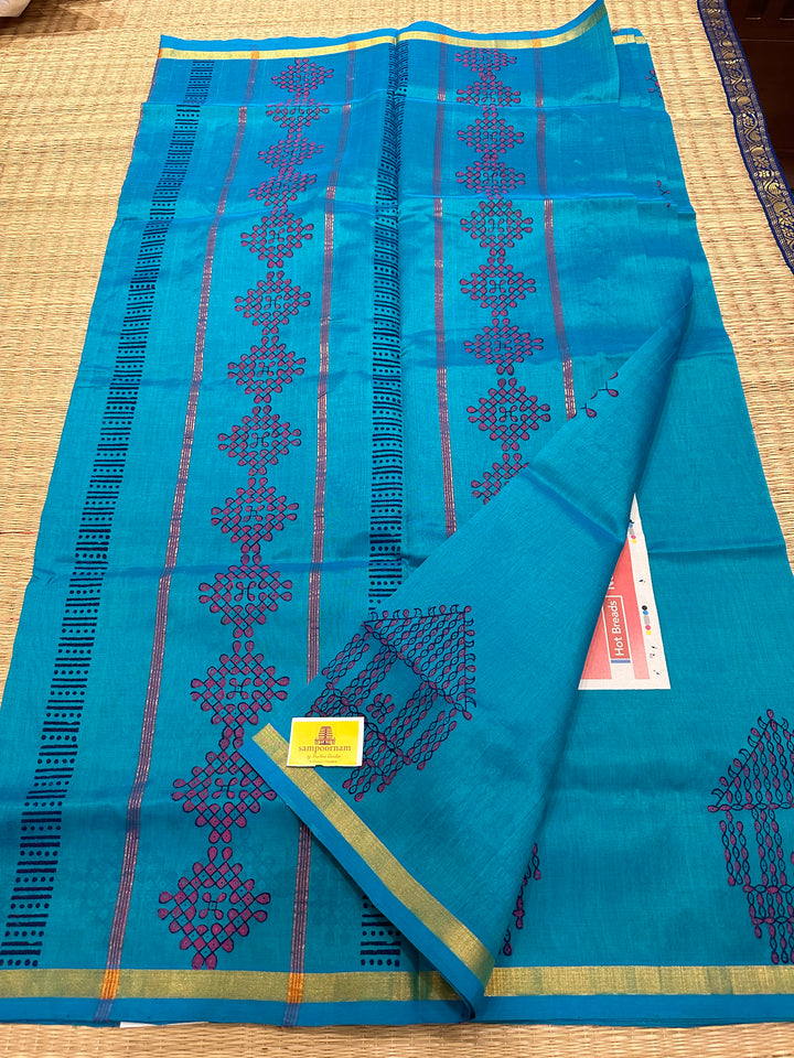 Blue  Handblock Printed Silk Cotton Saree