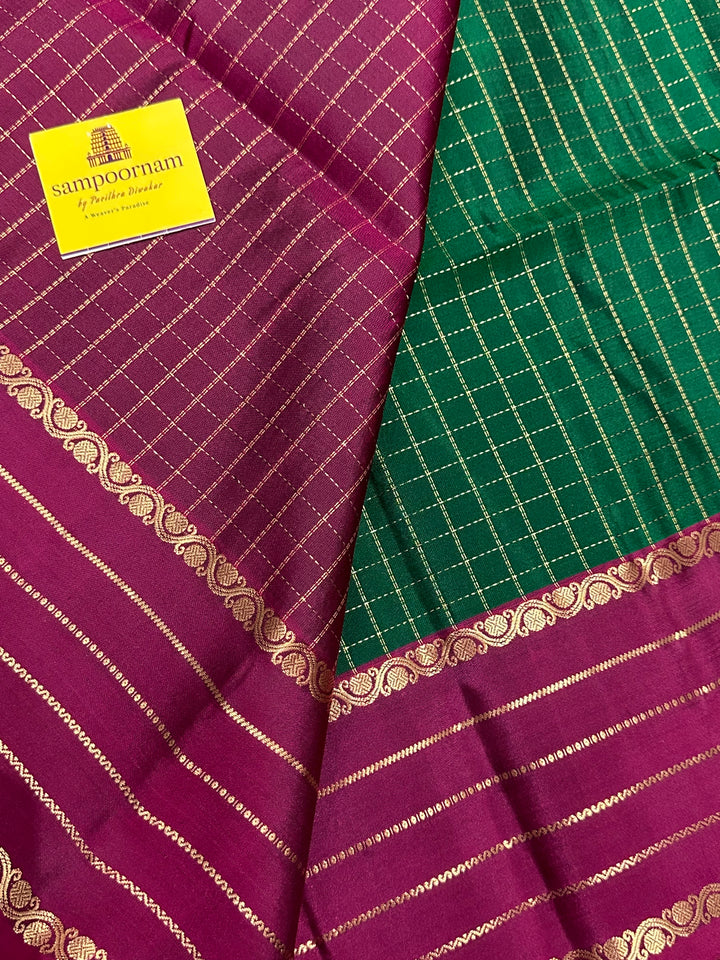 Dark Green with Magenta Body Checks , Rich Pallu Pure Soft Silk Saree