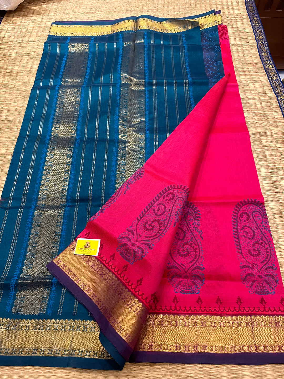 Dark Pink with Mayilkazhuthu Handblock Printed Silk Cotton Saree