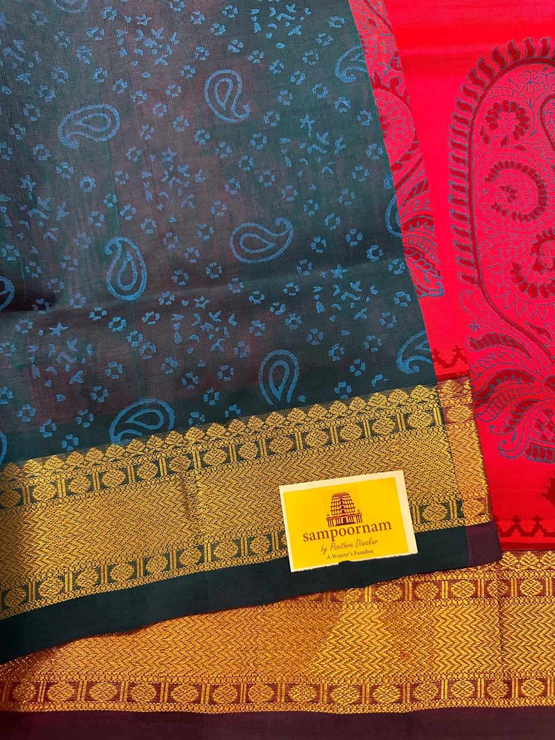 Dark Pink with Mayilkazhuthu Handblock Printed Silk Cotton Saree