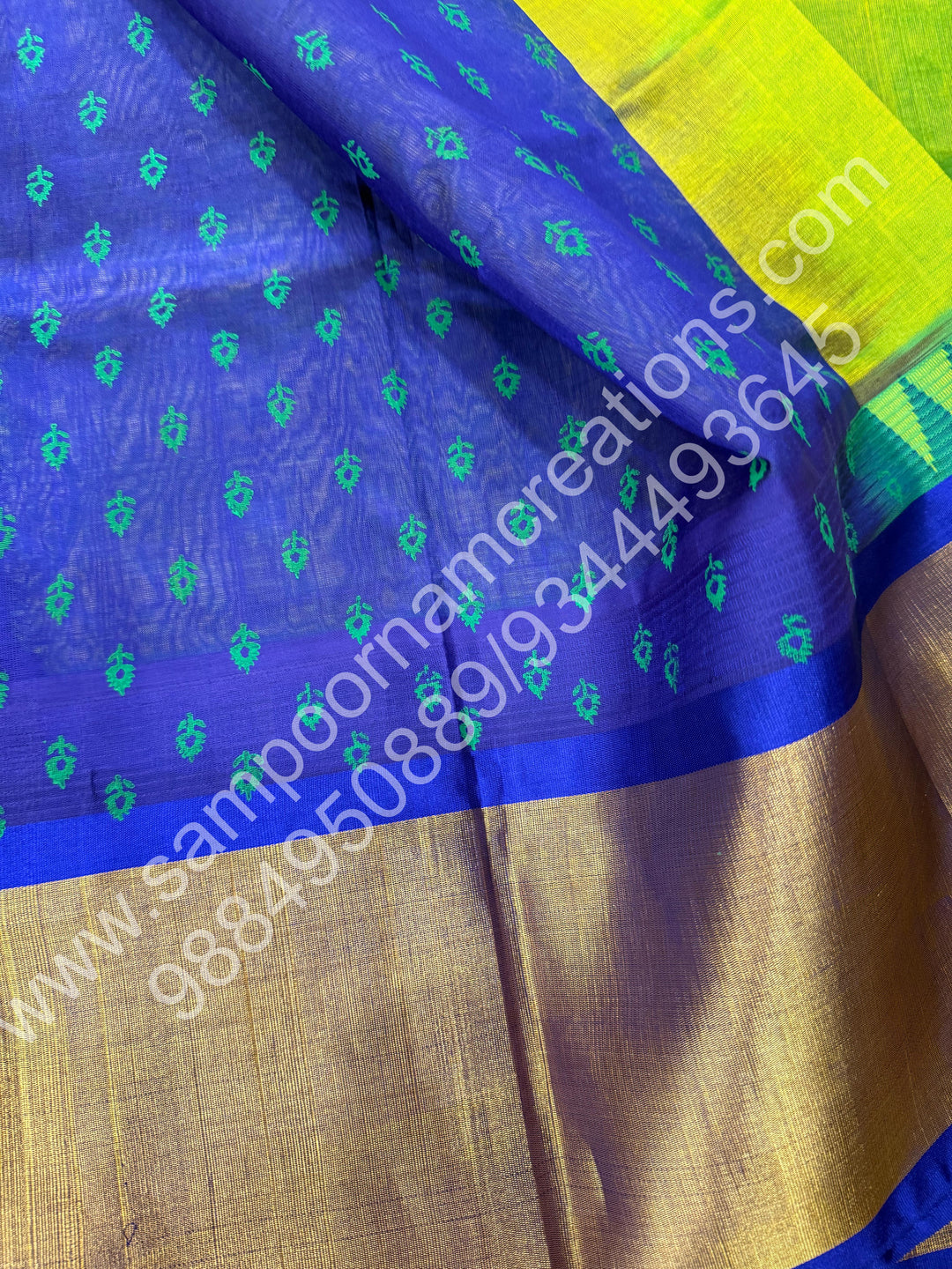 Sneha Green with Blue, Annam Handblock Print in the Body and , Block print in the blouse and rich Pallu, Korvai Silk Cotton Saree