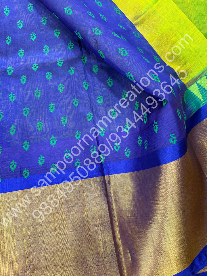 Sneha Green with Blue, Annam Handblock Print in the Body and , Block print in the blouse and rich Pallu, Korvai Silk Cotton Saree