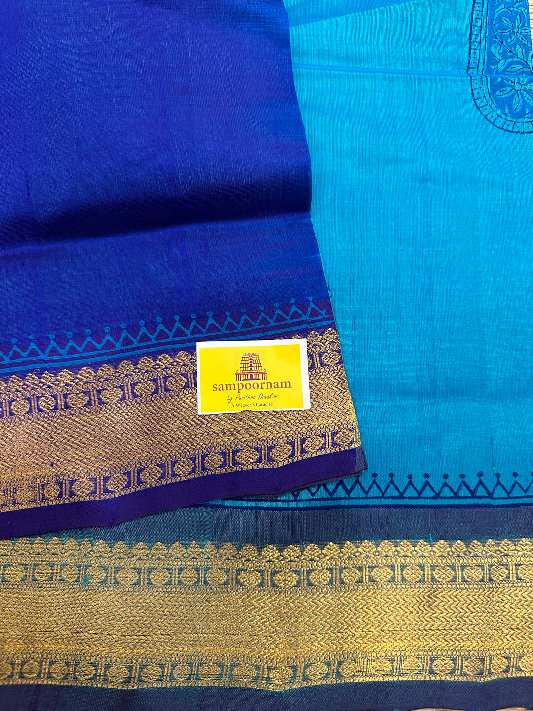 Blue with Blue Handblock Printed Silk Cotton Saree