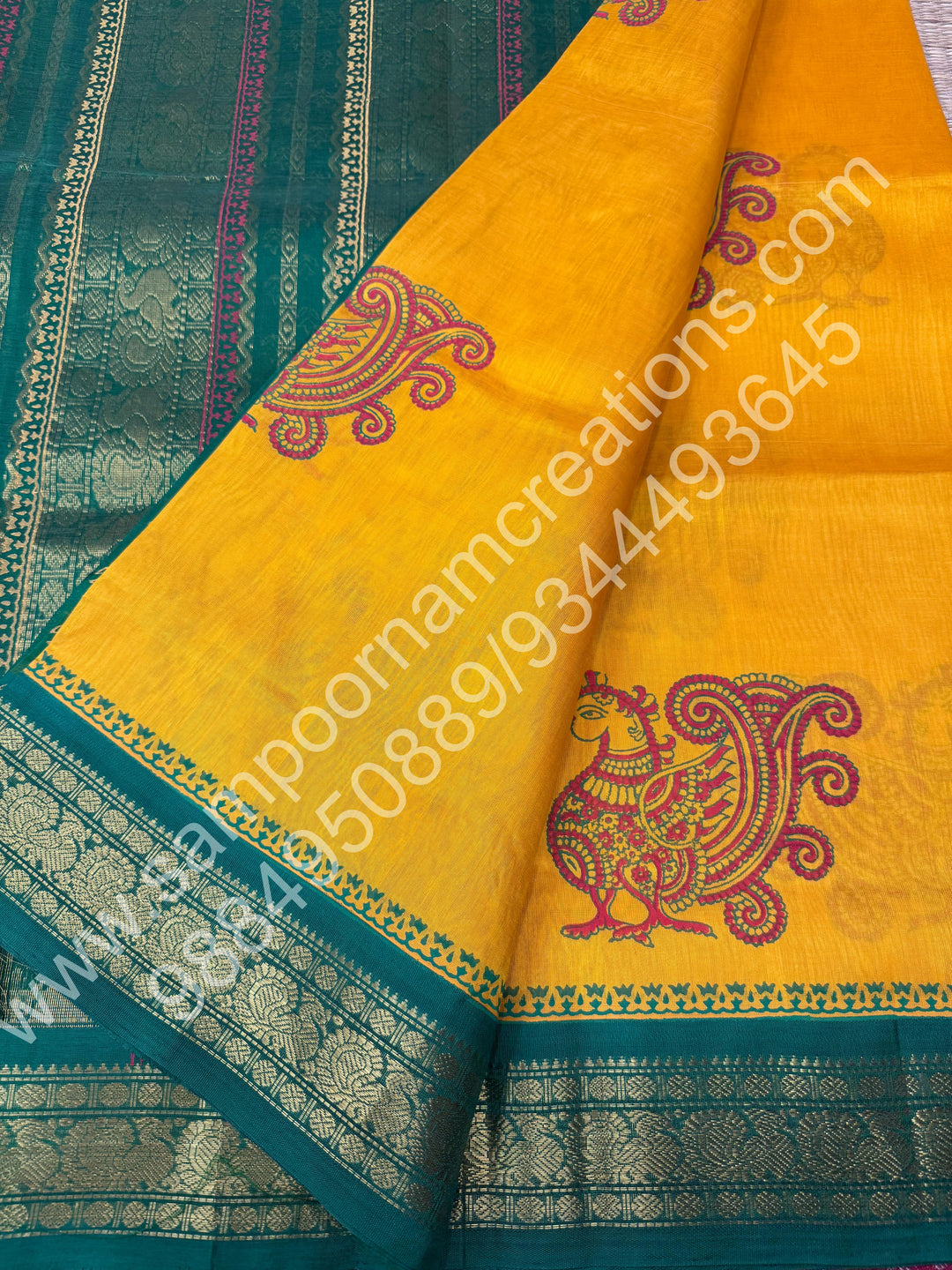 Manjal with Green, Annam Handblock Print in the Body and , Block print in the blouse and rich Pallu, Korvai Silk Cotton Saree