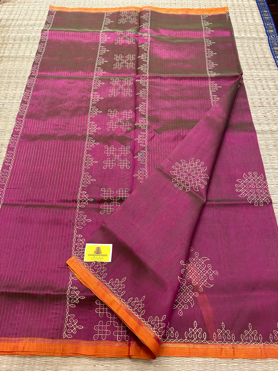 Magenta KOLAM Handblock Printed Silk Cotton Saree