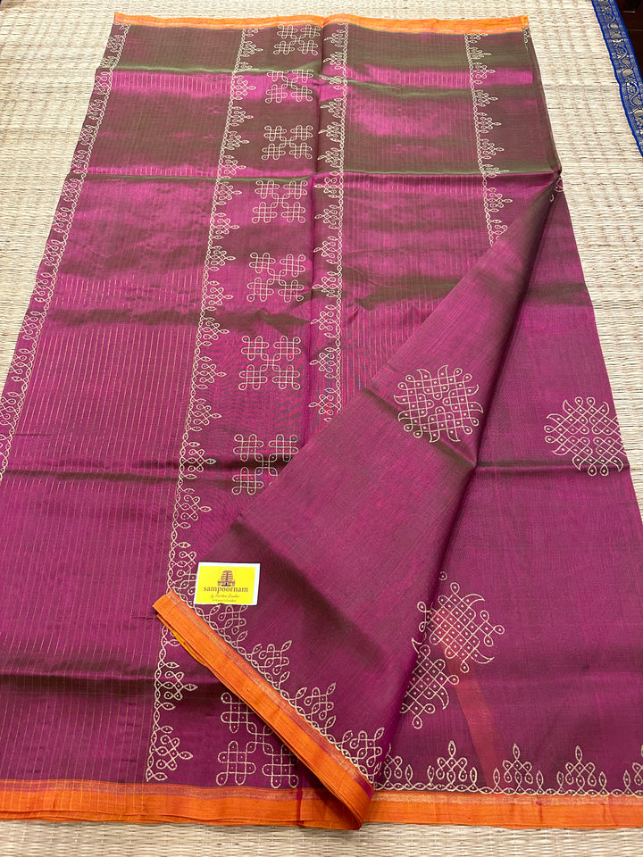 Magenta KOLAM Handblock Printed Silk Cotton Saree