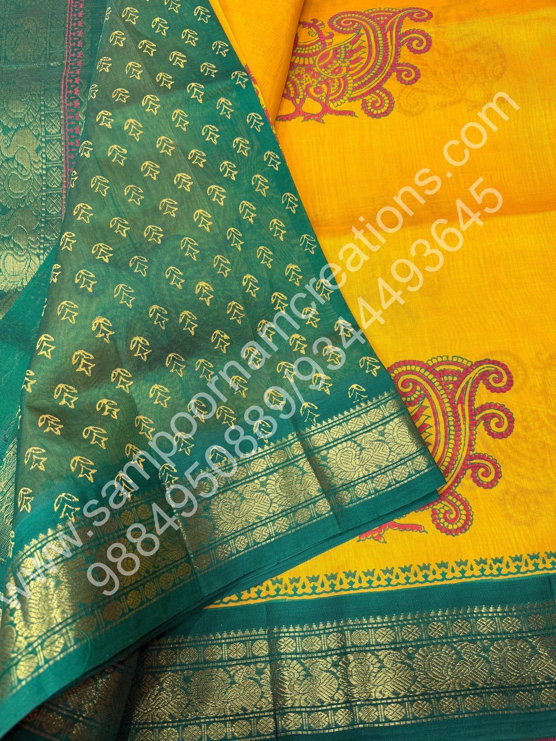 Manjal with Green, Annam Handblock Print in the Body and , Block print in the blouse and rich Pallu, Korvai Silk Cotton Saree