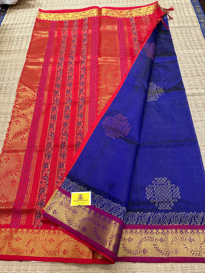 Blue with Red Vairaoosi Kolam Handblock Printed Silk Cotton Saree