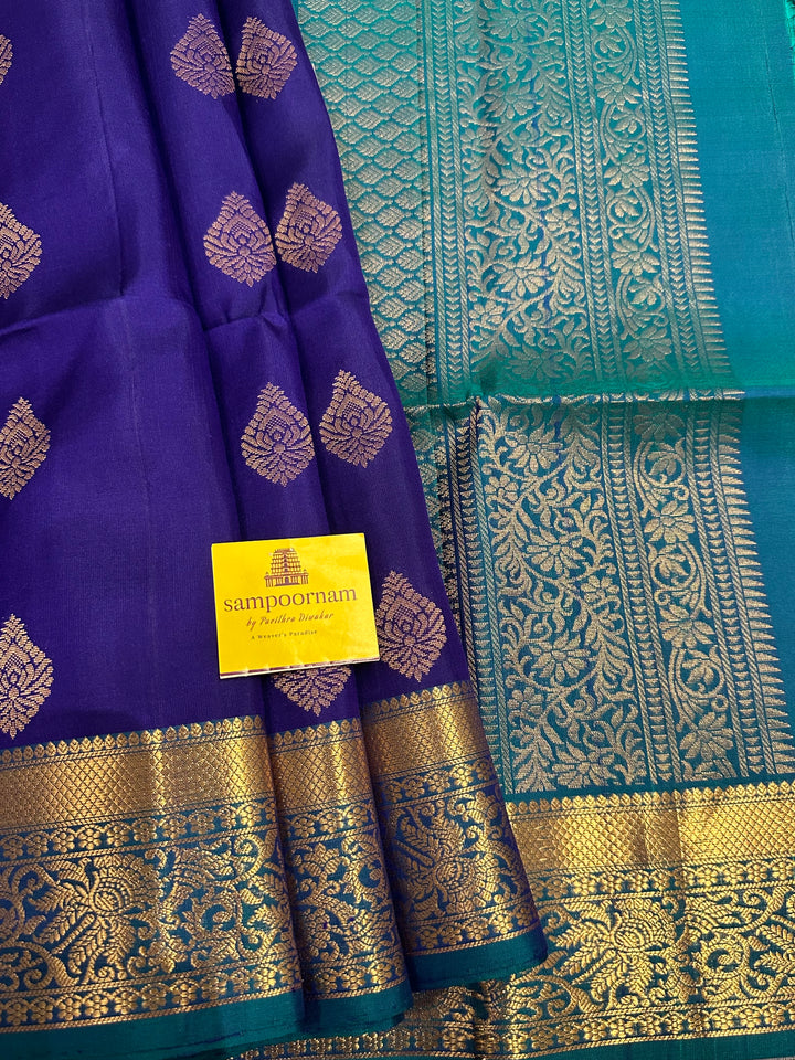 Dark Blue with Light Blue Rich Zari Butta and Grand Border and Pallu Pure Soft Silk Saree