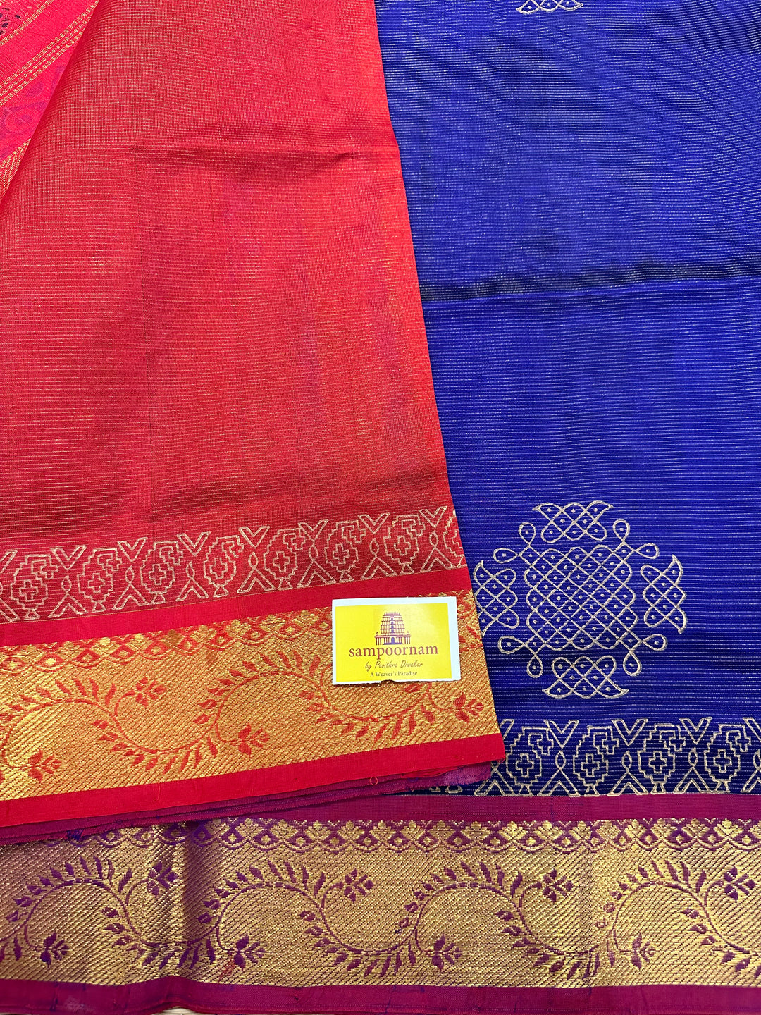 Blue with Red Vairaoosi Kolam Handblock Printed Silk Cotton Saree