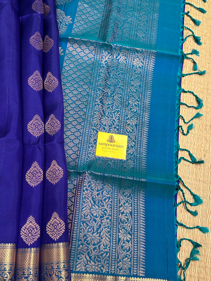 Dark Blue with Light Blue Rich Zari Butta and Grand Border and Pallu Pure Soft Silk Saree