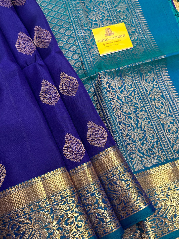 Dark Blue with Light Blue Rich Zari Butta and Grand Border and Pallu Pure Soft Silk Saree