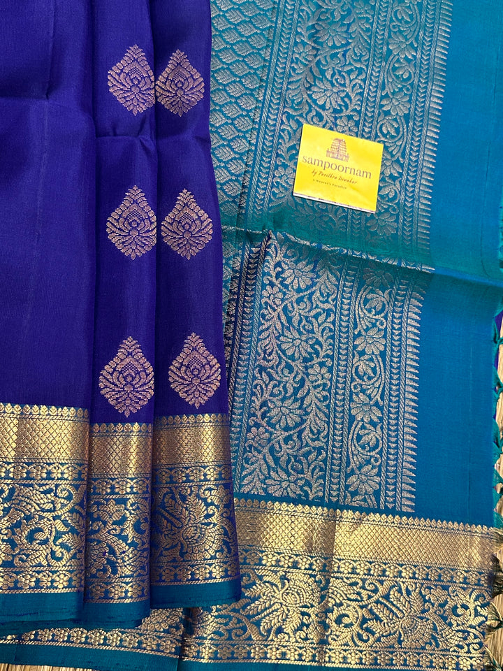 Dark Blue with Light Blue Rich Zari Butta and Grand Border and Pallu Pure Soft Silk Saree