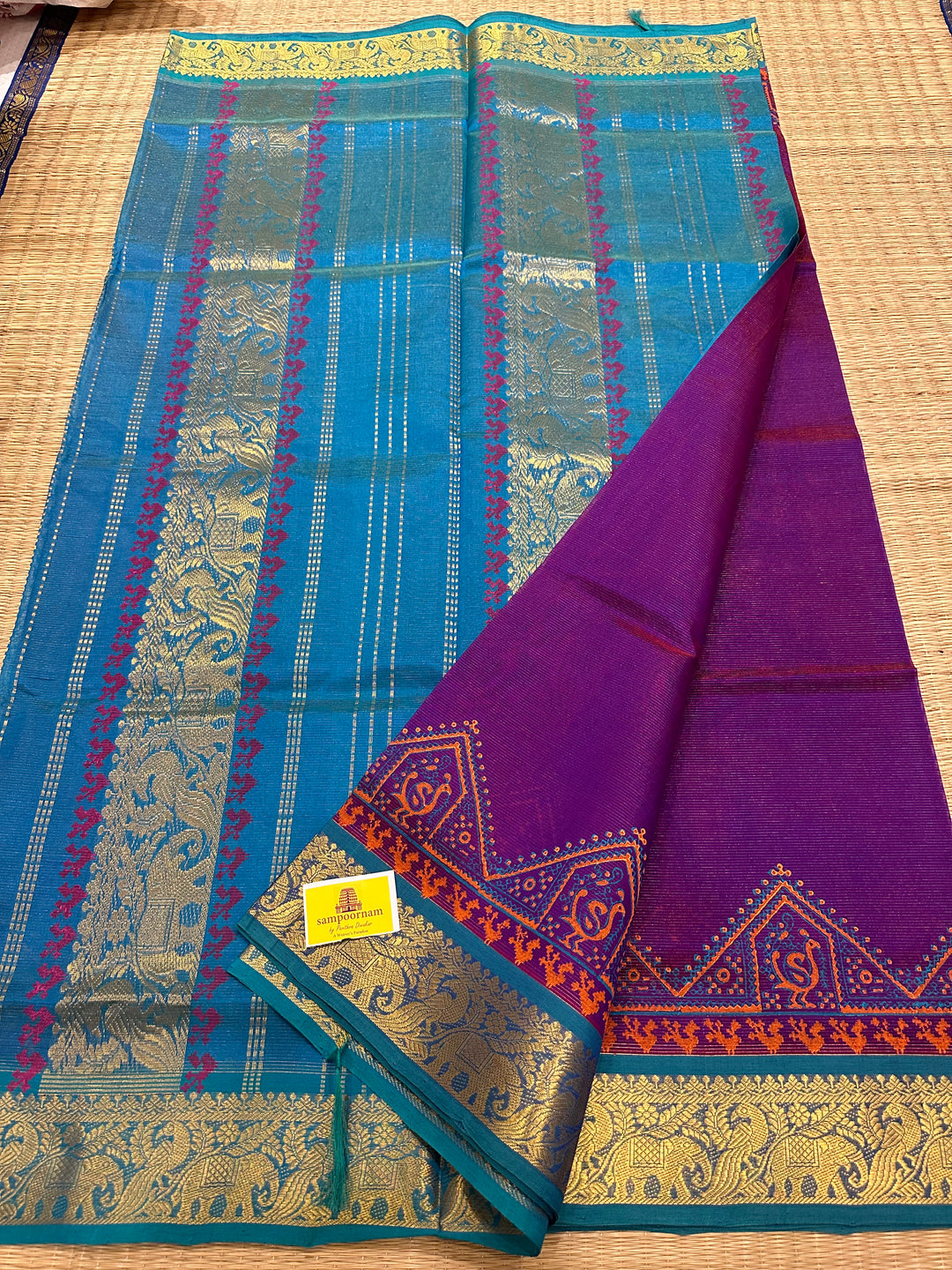 Purple with Blue Vairaoosi Handblock Printed Silk Cotton Saree