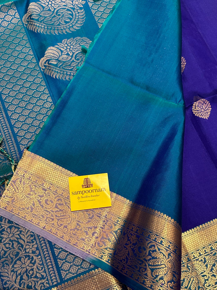 Dark Blue with Light Blue Rich Zari Butta and Grand Border and Pallu Pure Soft Silk Saree