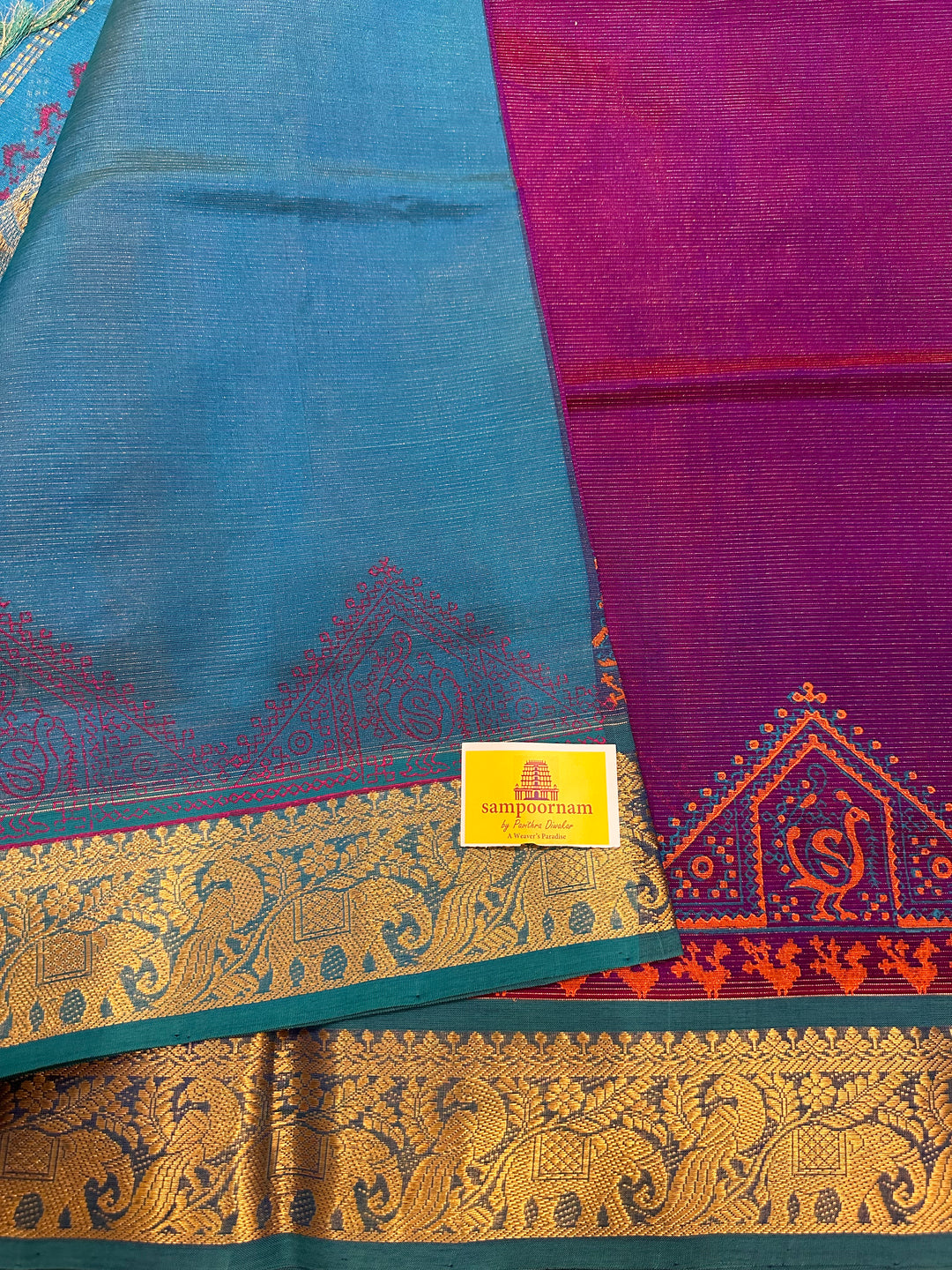 Purple with Blue Vairaoosi Handblock Printed Silk Cotton Saree