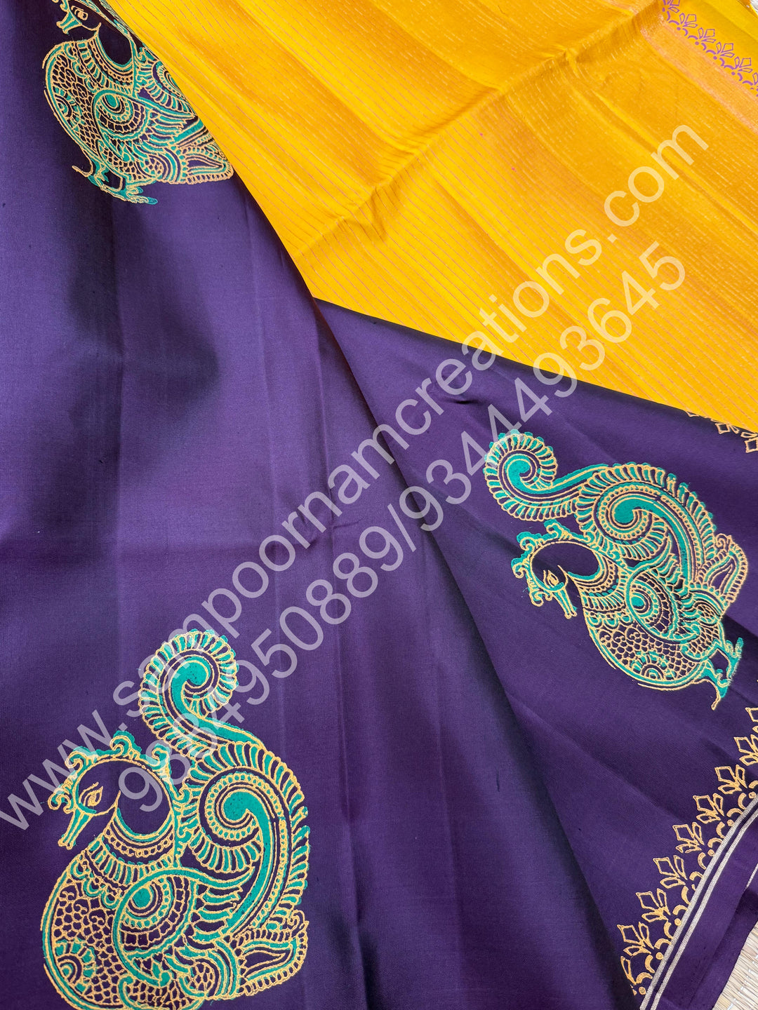 Dark Brown with Mustard, Annam Handblock Print in the Body and , Vairaoosi Zari Lines in the blouse and Pallu, Pure Soft Silk Saree