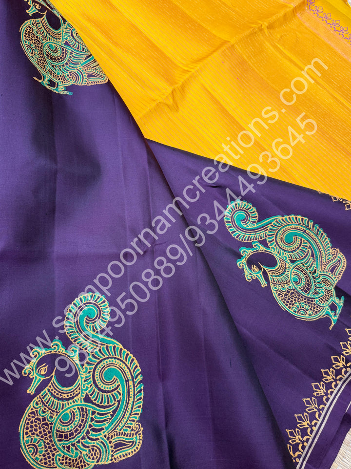 Dark Brown with Mustard, Annam Handblock Print in the Body and , Vairaoosi Zari Lines in the blouse and Pallu, Pure Soft Silk Saree
