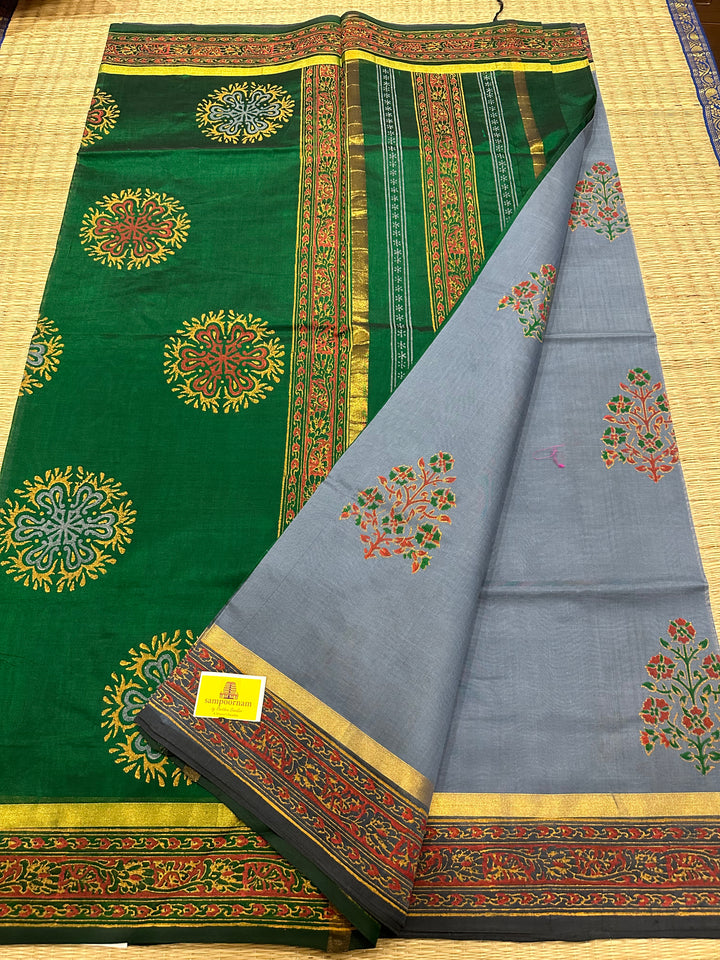 Grey with Green Handblock Printed Silk Cotton Saree