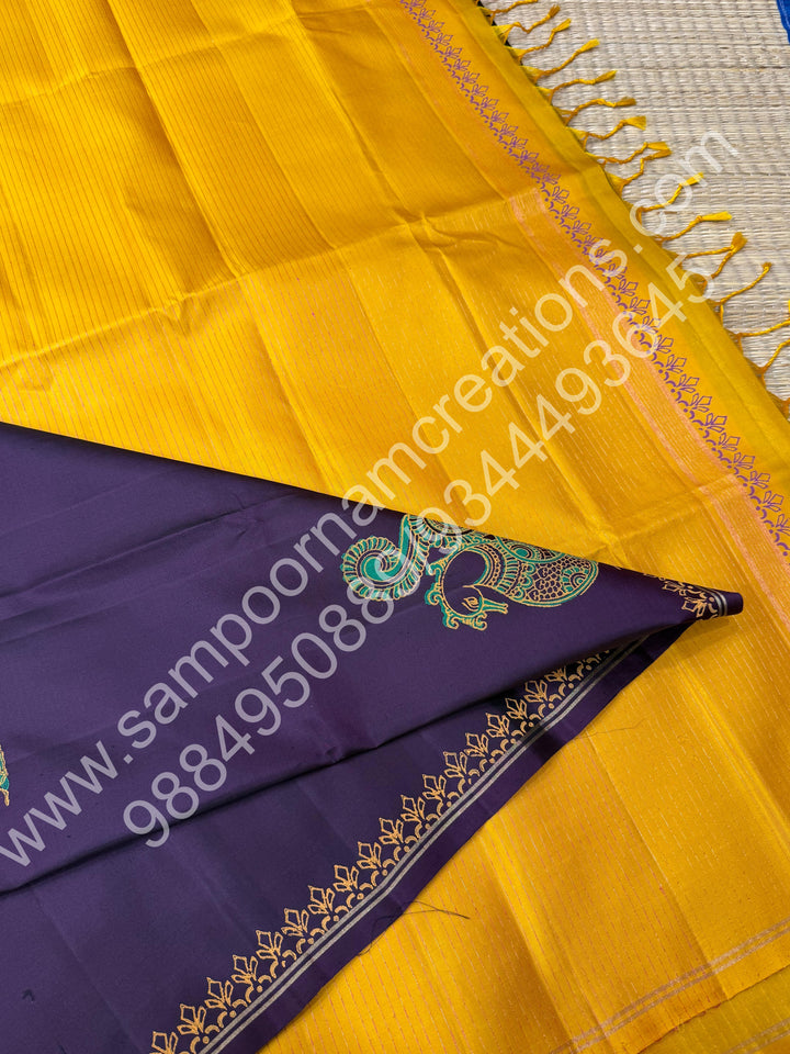 Dark Brown with Mustard, Annam Handblock Print in the Body and , Vairaoosi Zari Lines in the blouse and Pallu, Pure Soft Silk Saree