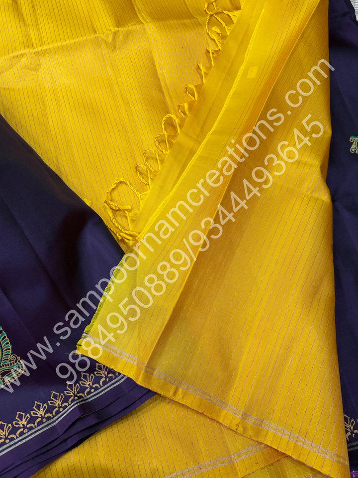 Dark Brown with Mustard, Annam Handblock Print in the Body and , Vairaoosi Zari Lines in the blouse and Pallu, Pure Soft Silk Saree