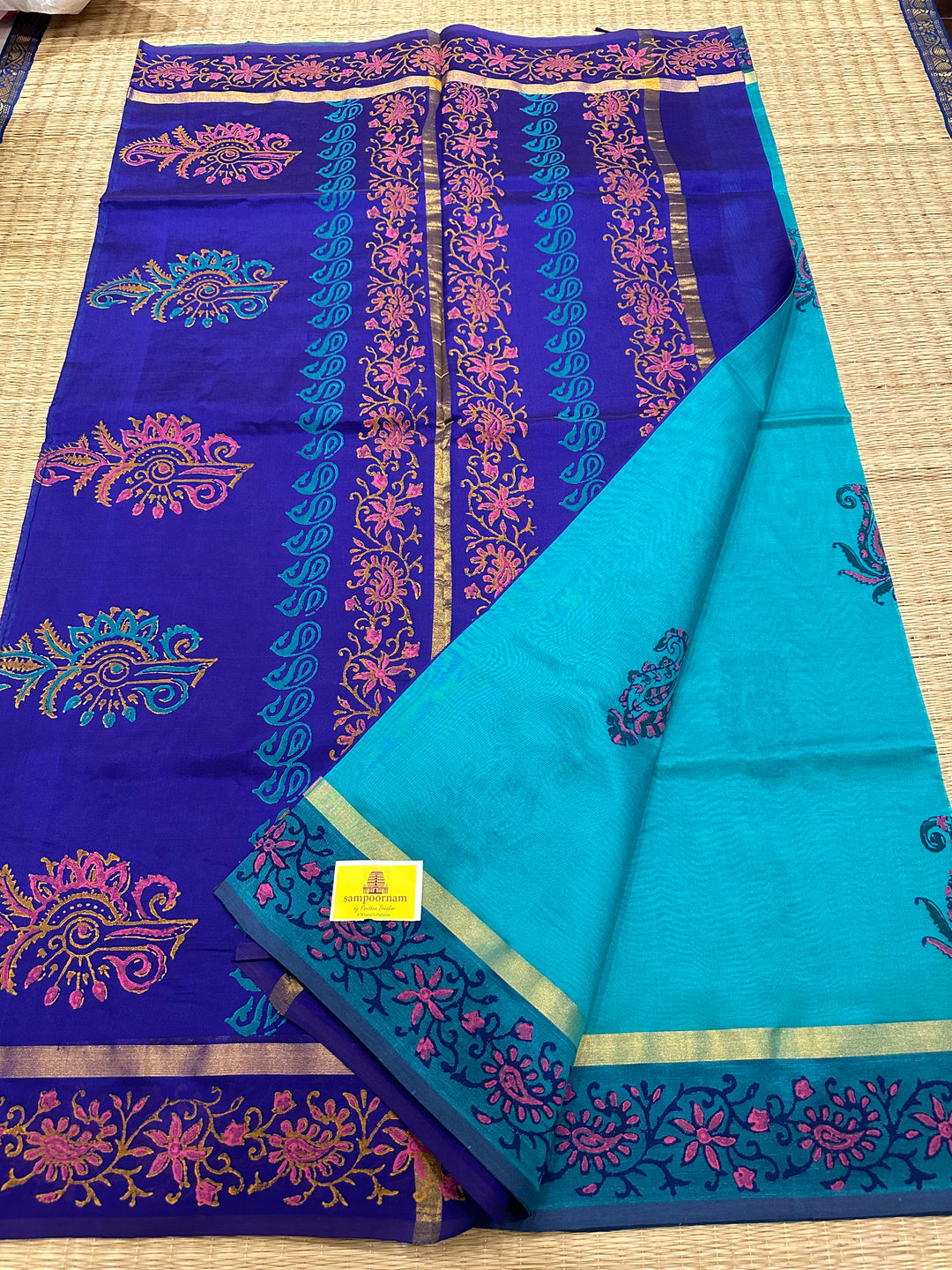 Blue with Blue Handblock Printed Silk Cotton Saree