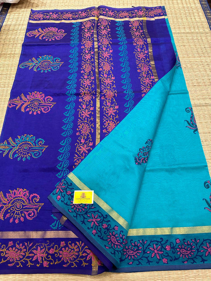 Blue with Blue Handblock Printed Silk Cotton Saree