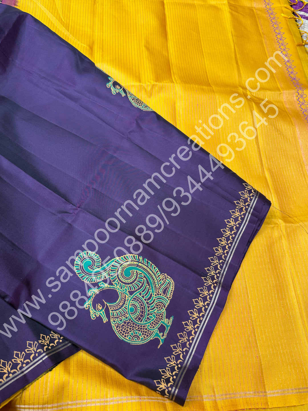 Dark Brown with Mustard, Annam Handblock Print in the Body and , Vairaoosi Zari Lines in the blouse and Pallu, Pure Soft Silk Saree