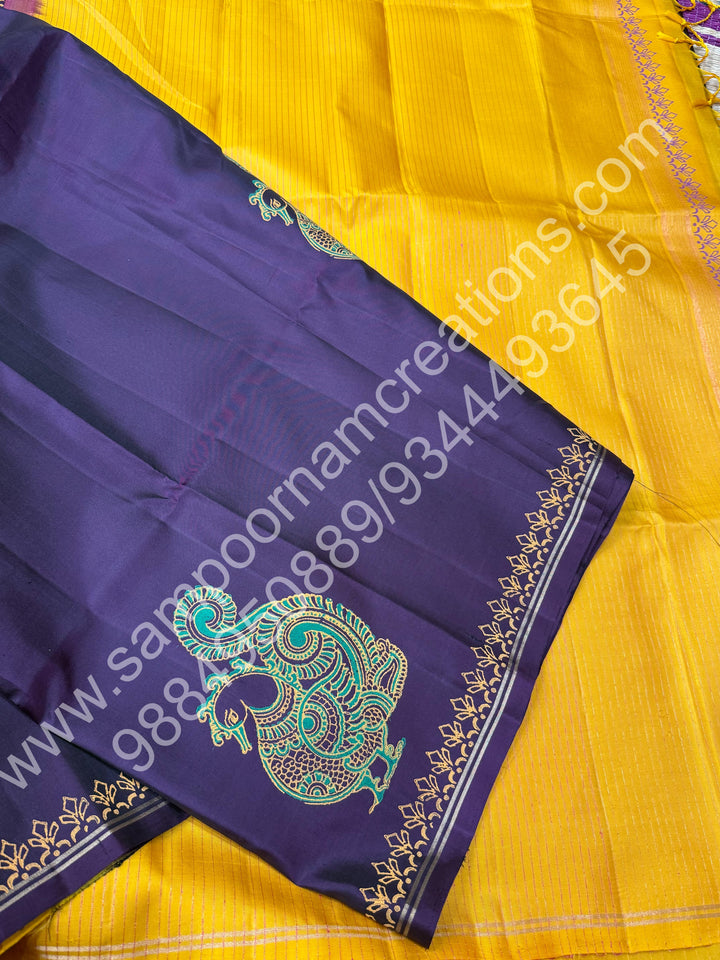 Dark Brown with Mustard, Annam Handblock Print in the Body and , Vairaoosi Zari Lines in the blouse and Pallu, Pure Soft Silk Saree