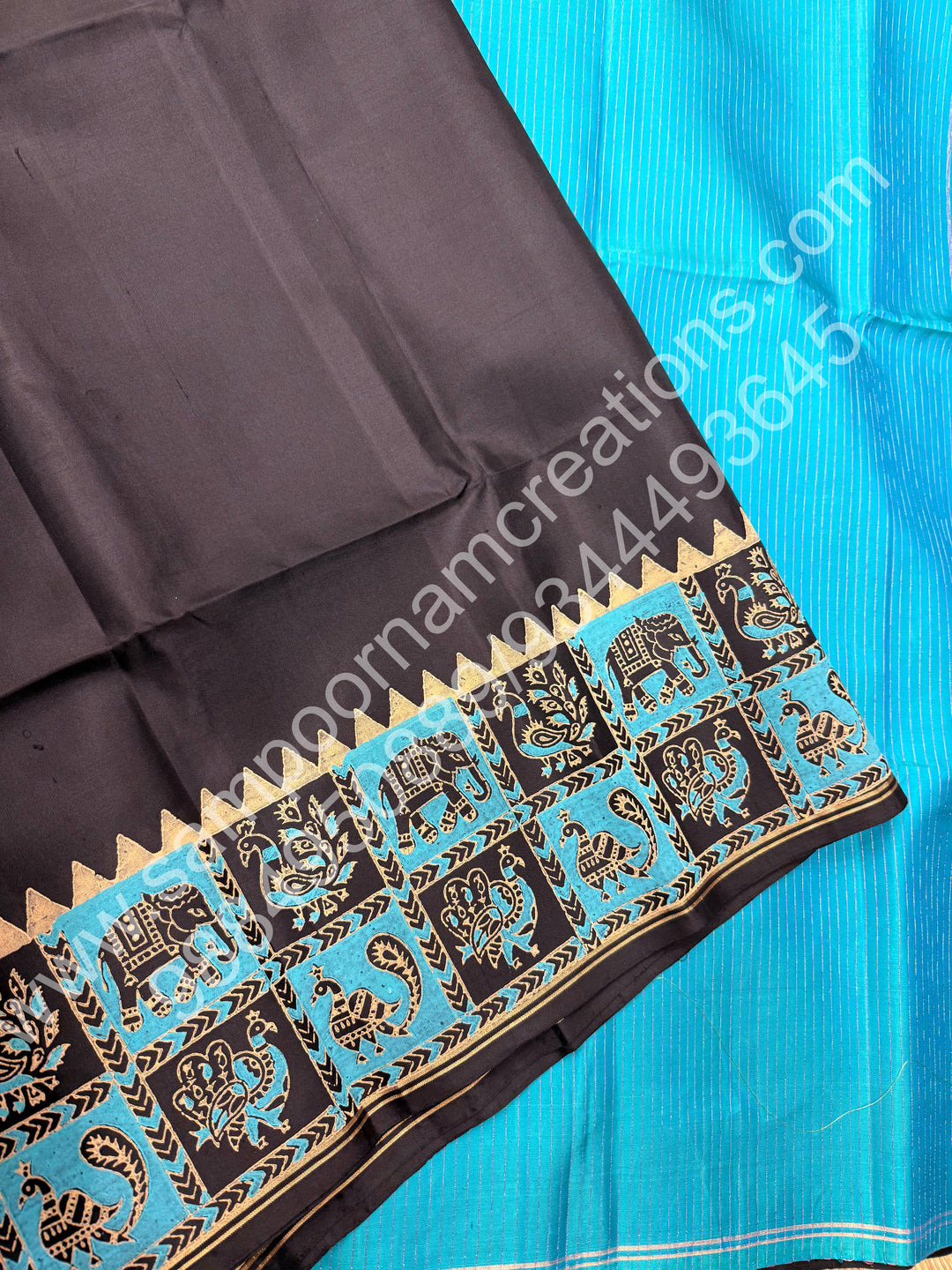 Black with Blue, Dark Brown with Mustard, Annam and Elephant Handblock Print in the Border and , Vairaoosi Zari Lines in the blouse and Pallu, Pure Soft Silk Saree