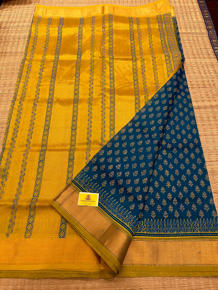 Blue with Lemon Yellow Allover Handblock Printed Silk Cotton Saree