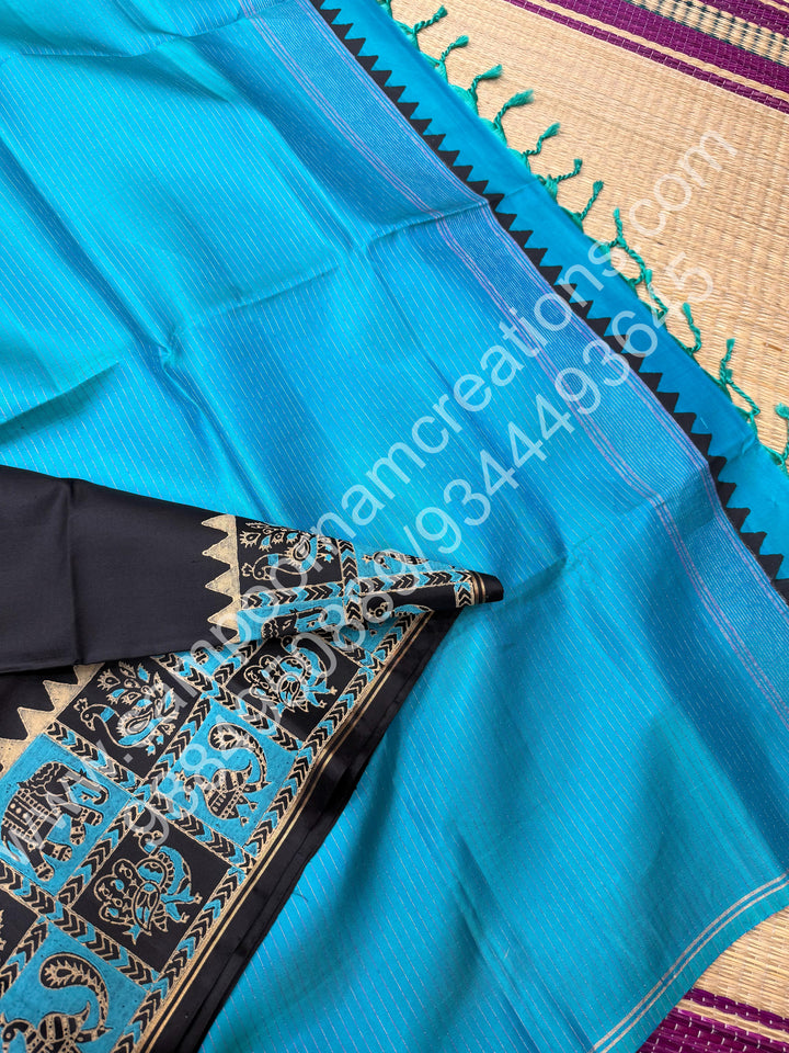 Black with Blue, Dark Brown with Mustard, Annam and Elephant Handblock Print in the Border and , Vairaoosi Zari Lines in the blouse and Pallu, Pure Soft Silk Saree