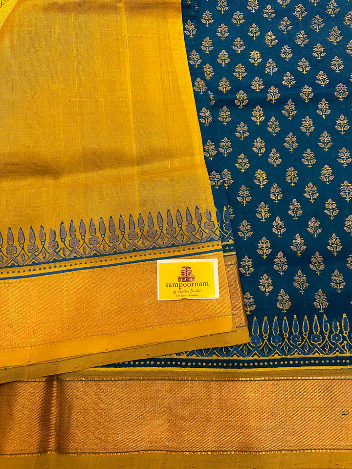 Blue with Lemon Yellow Allover Handblock Printed Silk Cotton Saree