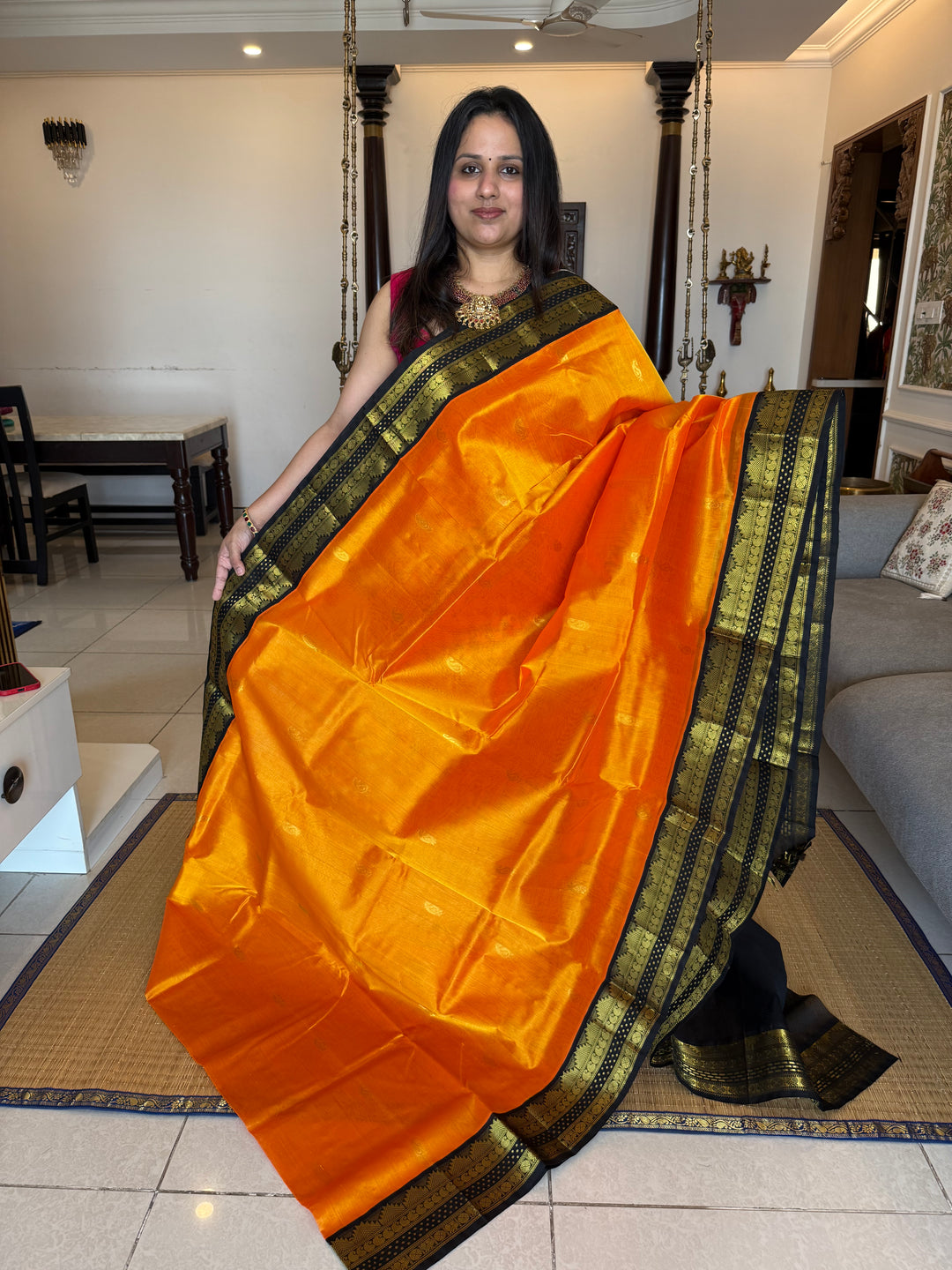 Mambazha Manjal with Black Lakshadeepam traditional borders ,zari butta in the body  and grand Pallu Korvai Silk Cotton Saree