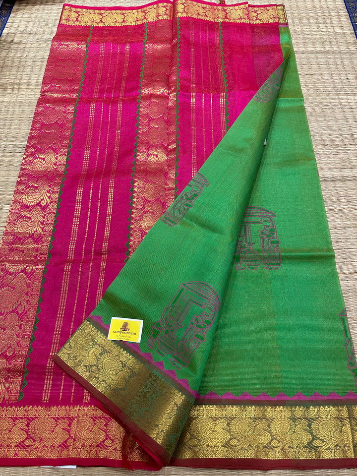 Green with Pink Vairaoosi Handblock Printed Silk Cotton Saree