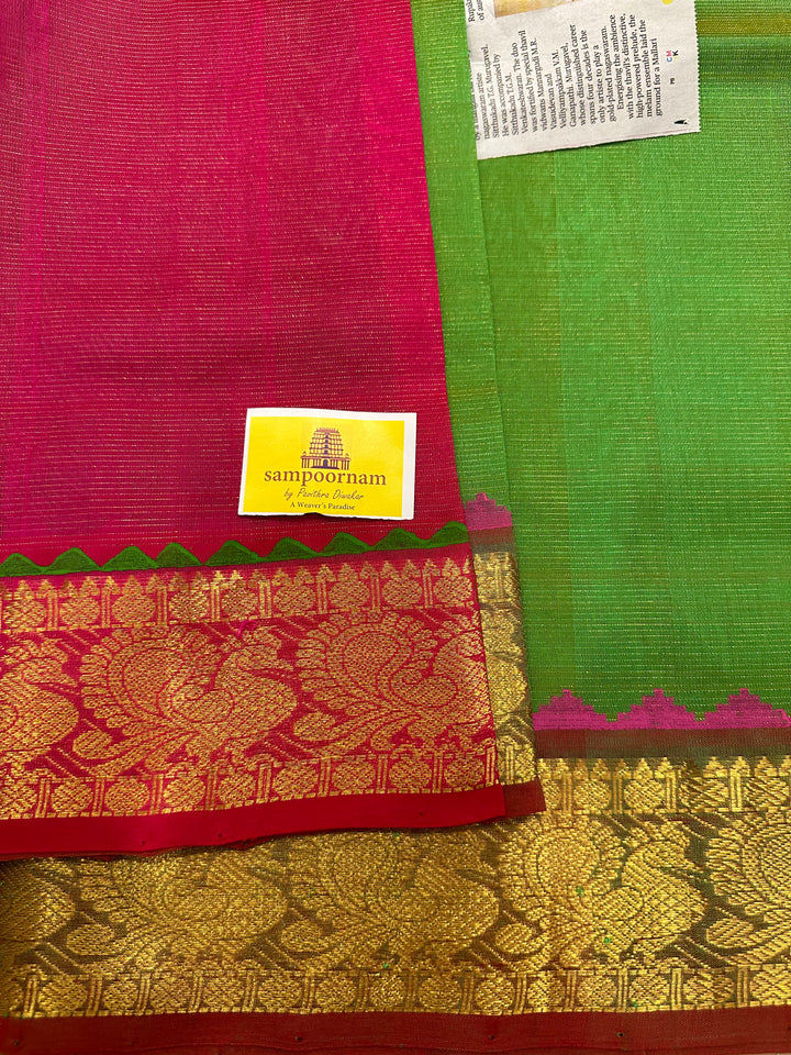 Green with Pink Vairaoosi Handblock Printed Silk Cotton Saree